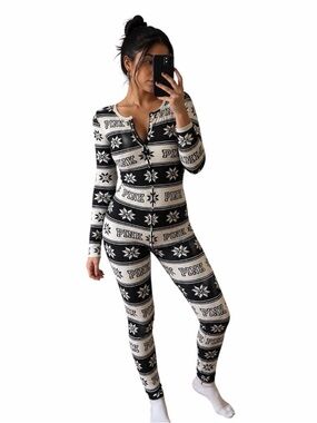 Victorias Secret PINK Medium Black & White Thermal Onesie Pajama w/ Butt Flap